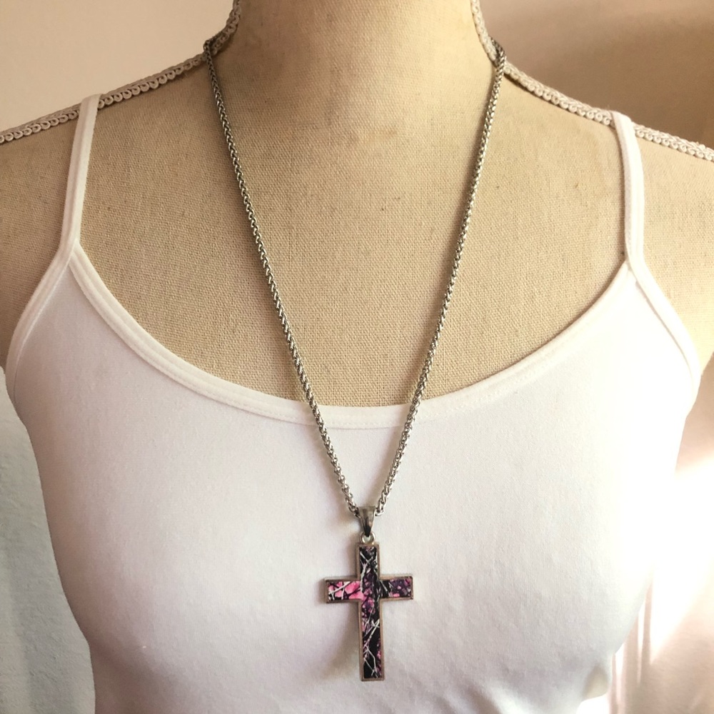 Purple botanical print cross on chain necklace